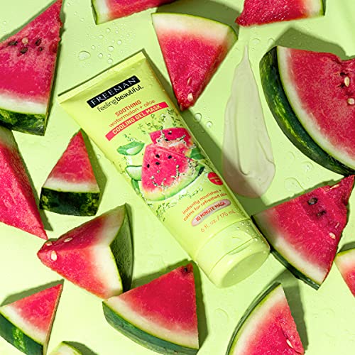 Freeman watermelon and aloe cooling gel mask tube among fresh watermelon slices