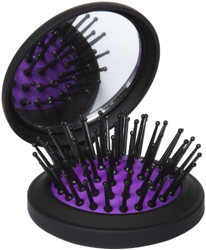 Black pop-up compact brush with purple cushion and a mirror in the lid