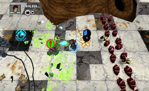 Top-down gameplay with a hero blasting a swarm of red bugs on tiles