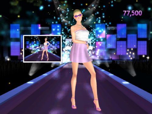 Model in a lilac dress and sunglasses posing on a lit runway