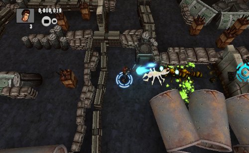 Hero firing at a pale spider and wasp beside rusty tanks