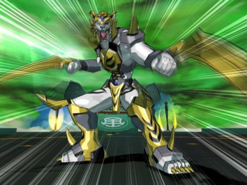 Gold and silver armored lion warrior powering up on a green burst