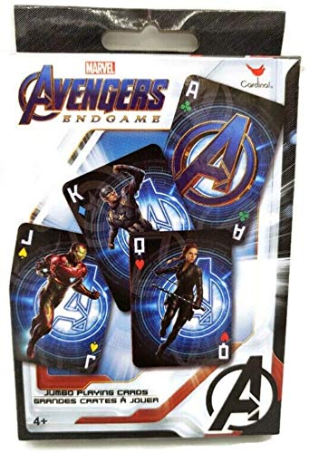 Box of Avengers Endgame jumbo playing cards with Iron Man, Captain America and Black Widow cards