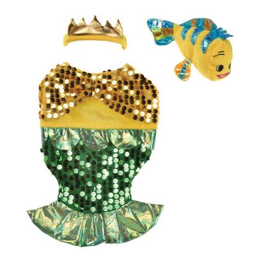 Green sequin mermaid tail dress, gold crown headband and yellow fish toy