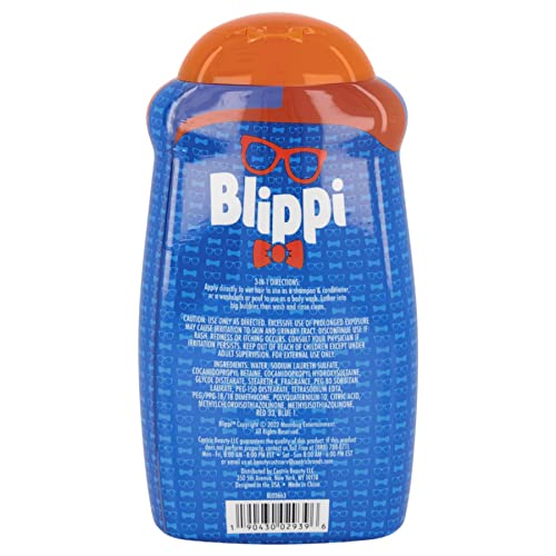 Back of the blue Blippi bottle with directions, warnings and ingredients