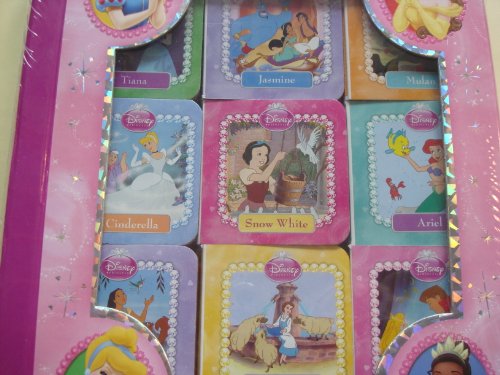 Close-up of the princess board books: Cinderella, Snow White, Ariel, Belle and more
