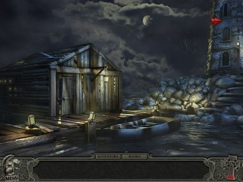 Moonlit wooden boathouse on a dock beside a stone tower