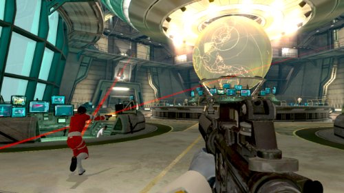 Shootout in a control room with a glowing globe and red laser sights