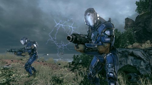 Armored alien soldiers with blasters on a grassy cliff in a storm