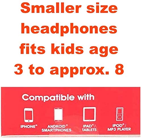 Text panel: smaller size fits kids age 3 to 8, works with phones, tablets and MP3 players