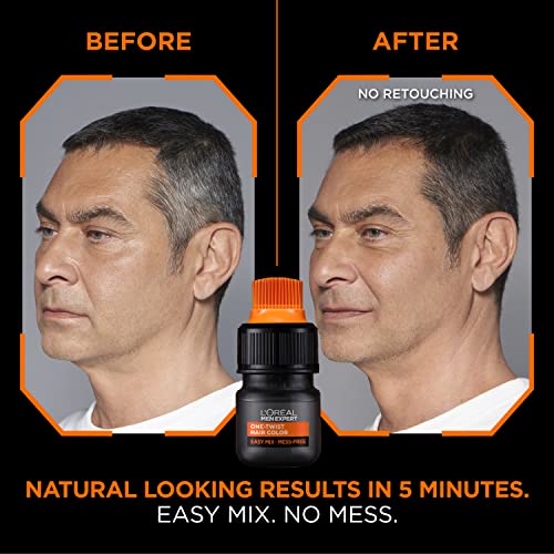 Before and after of a grey-haired man's side profile with medium brown color