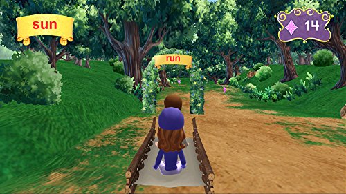 Princess sliding through a forest past word signs sun and run