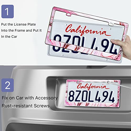 Two steps: fit a California plate into the pink marble frame, then screw it to the car