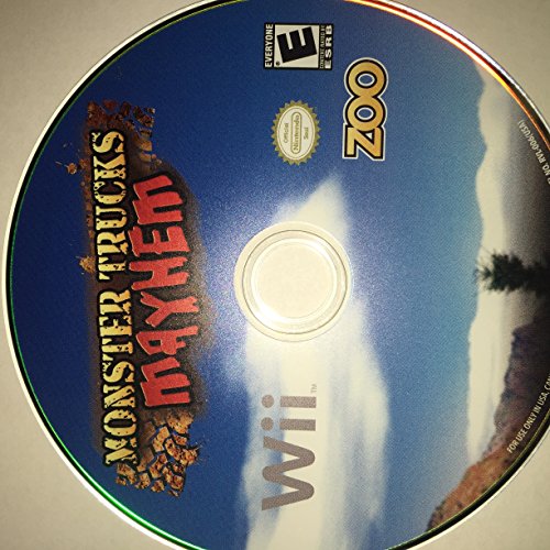 Wii game disc printed with Monster Trucks Mayhem over a blue sky