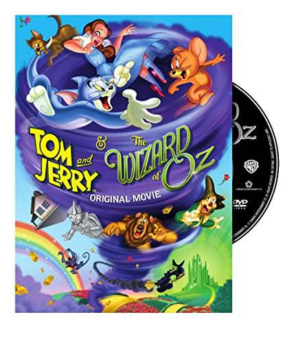Cartoon DVD cover with a cat and mouse caught in a tornado with Oz characters