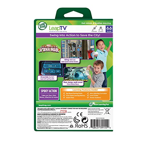 Back of the LeapTV Spider-Man box with screenshots and two boys playing