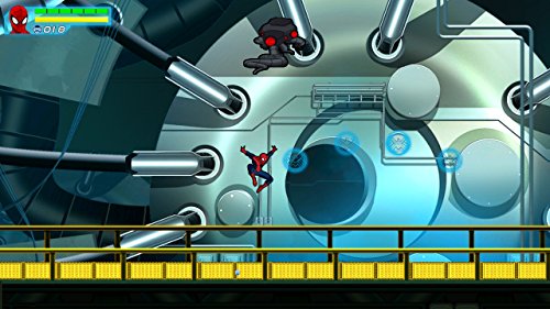 Spider-Man leaping inside a machine room with large pipes