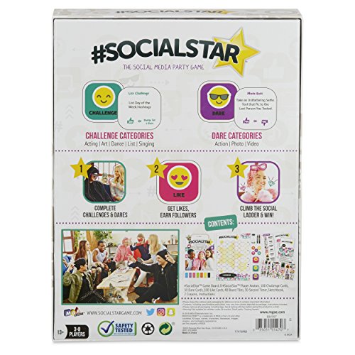 Back of the #SocialStar box with challenge and dare categories and contents list