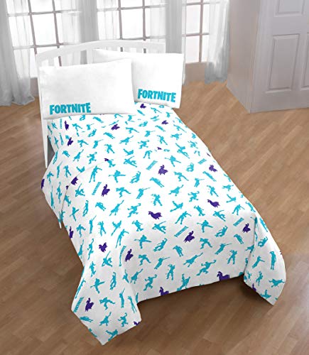 Twin bed with white Fortnite sheets covered in teal dancing figures