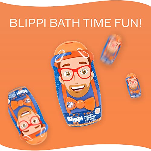 Blippi bath bottles floating on orange: Blippi bath time fun