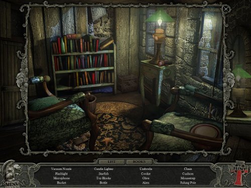 Hidden object scene of a stone room with bookshelves and a green lamp