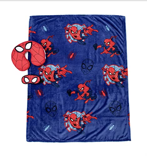 Navy Spider-Man print throw spread out with the neck pillow and eye mask on top