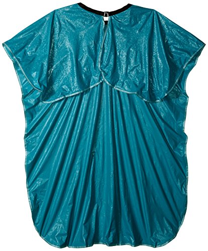 Back of the teal vinyl shampoo cape with a shoulder yoke and hook closure