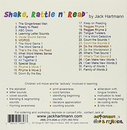 Back of the Shake Rattle n Read CD with 31 colorful track titles and skills list