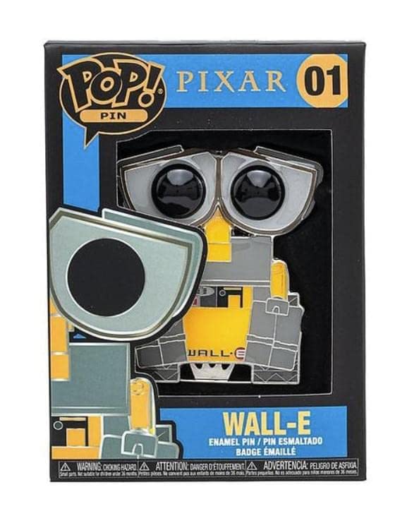 Yellow robot enamel pin in its blue number 01 window box