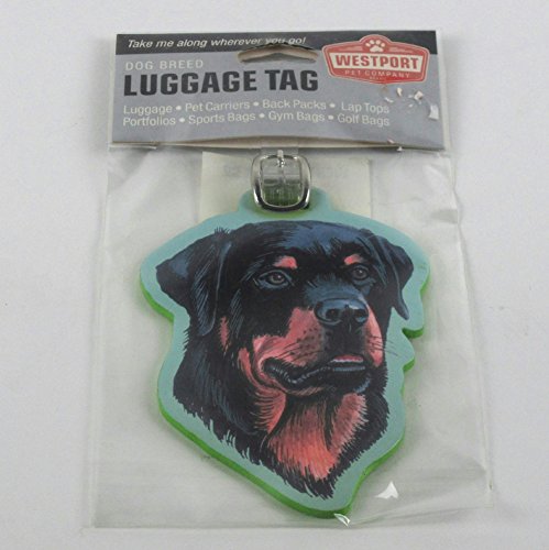Rottweiler head luggage tag with a green edge in its retail bag