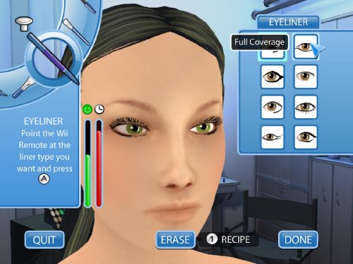 Makeup screen choosing an eyeliner style on a green-eyed model