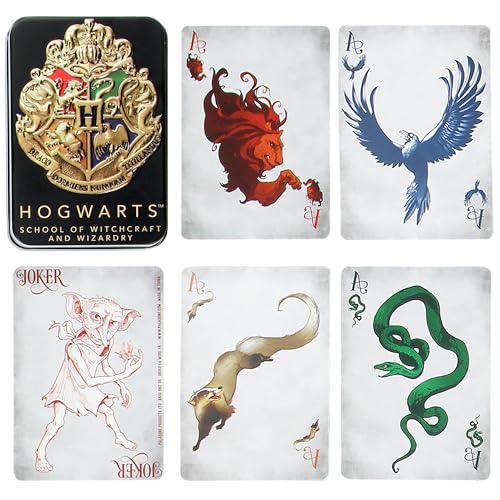 Black tin with a gold school crest beside cards showing a lion, eagle, badger and snake