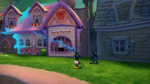 Mickey painting a purple house with heart trim beside Oswald