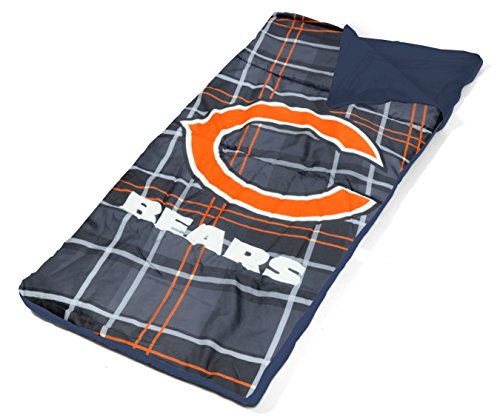 Navy and orange plaid Bears sleeping bag with the C emblem, open corner