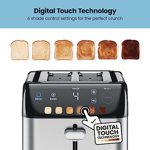 Six slices of toast from light to dark above the toaster's shade buttons