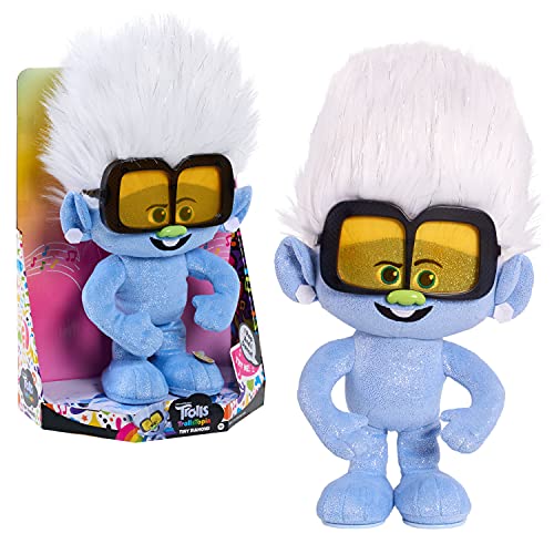 Blue glittery Tiny Diamond troll plush with white hair and yellow glasses beside its box