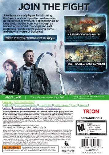 Back of the Defiance Xbox 360 case with screenshots, features and ESRB Mature rating