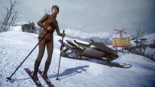 Woman in a brown ski suit on skis beside a snowmobile in the mountains