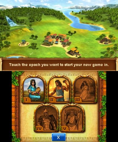 Epoch choice screen with five portraits over a valley town map