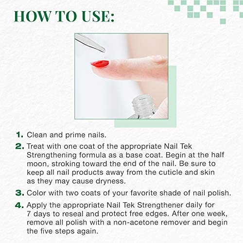 How to use: four steps beside a brush applying clear coat to a red nail