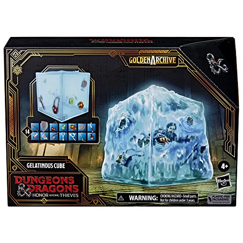 Boxed translucent blue gelatinous cube figure with trapped items and a hero inside