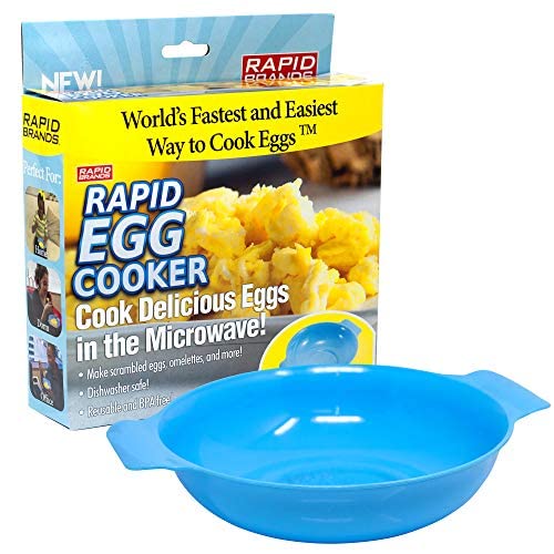 Rapid Egg Cooker box and blue microwave bowl, front view