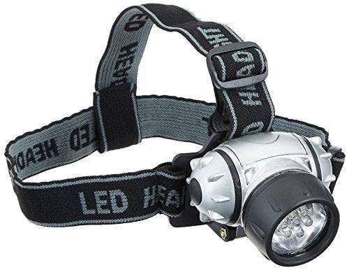 Silver LED headlamp on a black elastic LED Headlamp strap