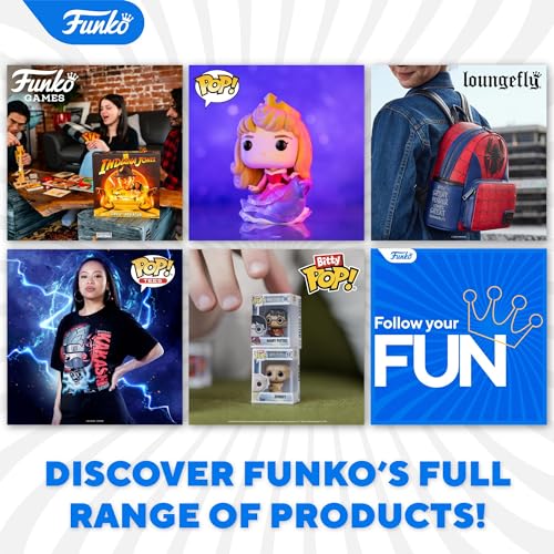 Collage of other Funko products: games, Pop figures, backpacks and tees