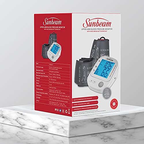 Blood pressure monitor retail box with voice broadcast technology on marble