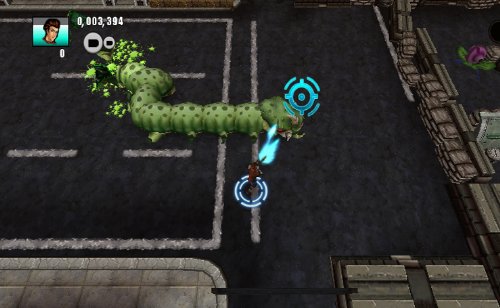 Giant green centipede chasing the hero across a car park