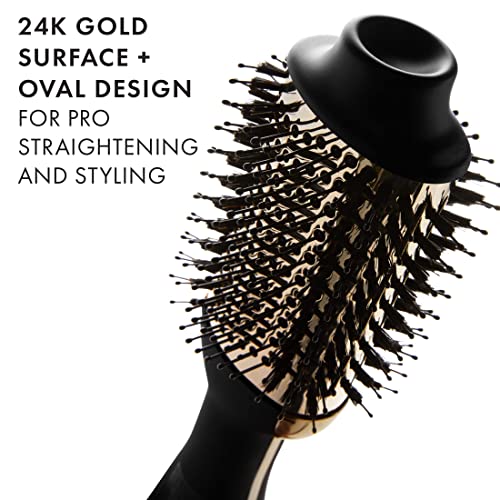 Close-up of the gold oval barrel and bristles for straightening and styling