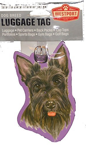 Black Scottish terrier head luggage tag with a purple edge in its retail bag