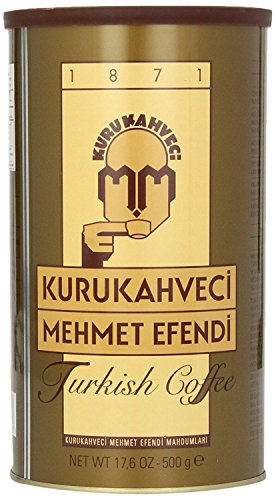 Gold tin of Kurukahveci Mehmet Efendi Turkish coffee, 500 g, front label