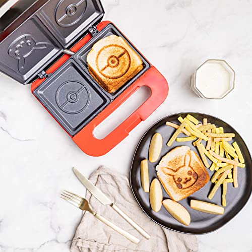 Overhead of the open maker and a plate with a Pikachu sandwich and fries